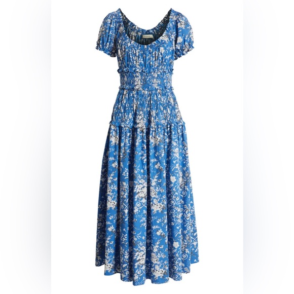 Doen Leanne Cotton Shirred Smocked Midi Maxi Dress Jardins De La Fontaine Blue - Picture 12 of 12